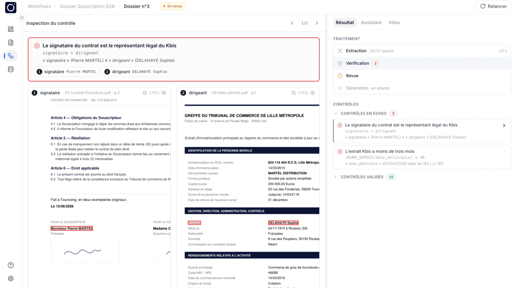 L'inspection d'un contrôle en échec : la règle rappelée avec les deux valeurs qui ne concordent pas, et dessous les deux documents d'où elles viennent, chacun ouvert à la page et à l'endroit exacts. À droite, l'avancement du traitement et la liste des contrôles, deux en échec, dix validés.