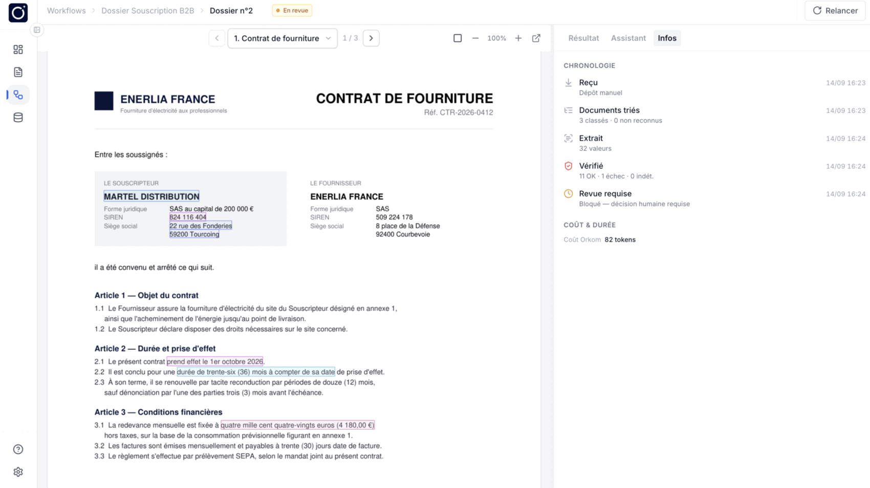 L'onglet chronologie d'un dossier : reçu, documents triés, extrait, vérifié, revue requise, chacun horodaté à la minute avec ce qu'il a produit, et le coût du traitement en jetons.